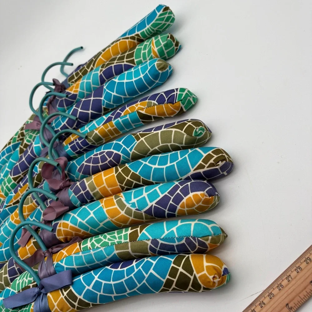 Set of 8 Padded Satin Clothing Hangers Mosaic Stained Glass Print Teal Yellow